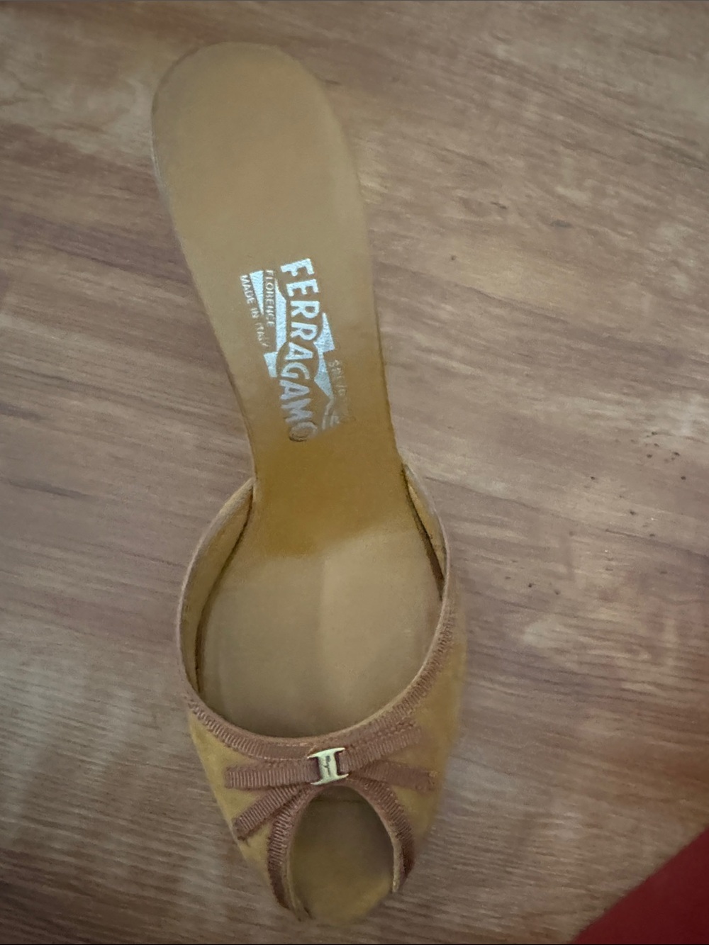 Salvatore Ferragamo Mustard Suede Peep-Toe Mules with Signature Bow - Picture 4 of 7